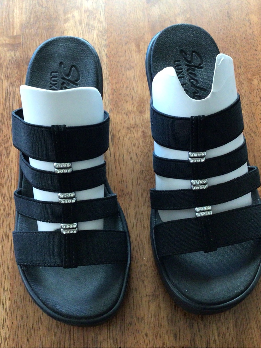 Skechers Black Multi-Strap Slide Sandals with Rhinestone Accents